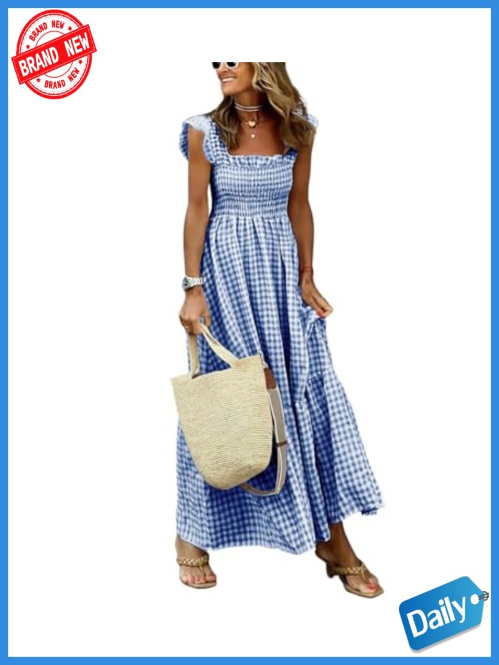 Smocked Plaid Spaghetti Strap Flounce Long Dress